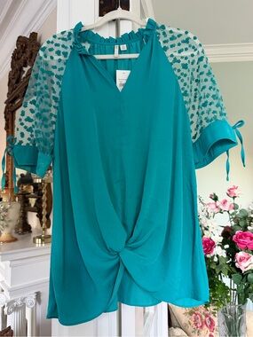 Cato Teal Knot-Front Blouse with Sheer Patterned Sleeves